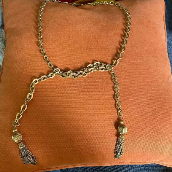 Vintage king gold tone lariat tassel chain necklace chunky thick hanging fashion - Picture 9 of 12